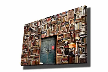 Lerretsbilde 70x100 cm - Vegg dekket av bøker med en dør i midten - Brun / Grønn / Rød - Interiør - Maleri & posters - Lerretsbilder