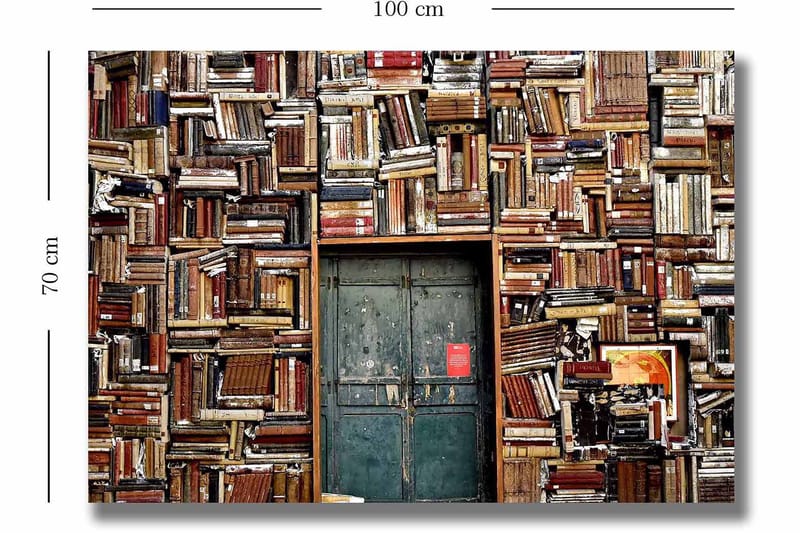 Lerretsbilde 70x100 cm - Vegg dekket av bøker med en dør i midten - Brun / Grønn / Rød - Interiør - Maleri & posters - Lerretsbilder