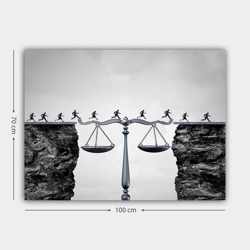 Lerretsbilde 70x100 cm - Vekter som symboliserer rettferdighet, med små figurer som løper over en avgrunn - Svart / Grå / Sølv - Interiør - Maleri & posters - Lerretsbilder