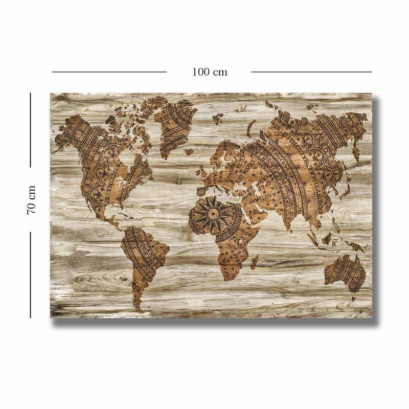 Lerretsbilde 70x100 cm - Verdenskart i et dekorativt og stilisert design med detaljerte mønstre - Brun / Beige - Interiør - Maleri & posters - Lerretsbilder