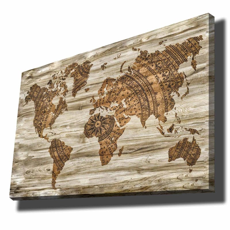 Lerretsbilde 70x100 cm - Verdenskart i et dekorativt og stilisert design med detaljerte mønstre, Brun / Beige