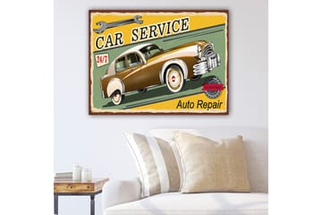 Lerretsbilde 70x100 cm - Veteranbil i bevegelse med retrostil, omgitt av tekst og verktøysymboler - Brun / Gul / Grønn - Interiør - Maleri & posters - Lerretsbilder