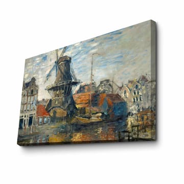 Lerretsbilde 70x100 cm - Vindmølle ved vann omgitt av pittoreske bygninger - Blå / Grønn / Oransje - Interiør - Maleri & posters - Lerretsbilder