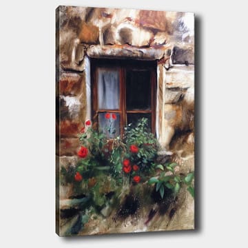 Lerretsbilde 70x100 cm - Vindu med blomsterpotte fylt med røde roser - Rød / Grønn / Beige - Interiør - Maleri & posters - Lerretsbilder