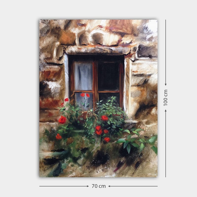 Lerretsbilde 70x100 cm - Vindu med blomsterpotte fylt med røde roser - Rød / Grønn / Beige - Interiør - Maleri & posters - Lerretsbilder