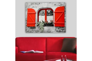 Lerretsbilde 70x100 cm - Vindu med røde skodder og blomster i en grå steinvegg - Rød / Grå - Interiør - Maleri & posters - Lerretsbilder