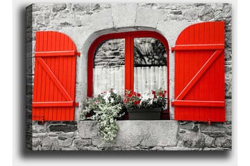 Lerretsbilde 70x100 cm - Vindu med røde skodder og blomster i en grå steinvegg - Rød / Grå - Interiør - Maleri & posters - Lerretsbilder