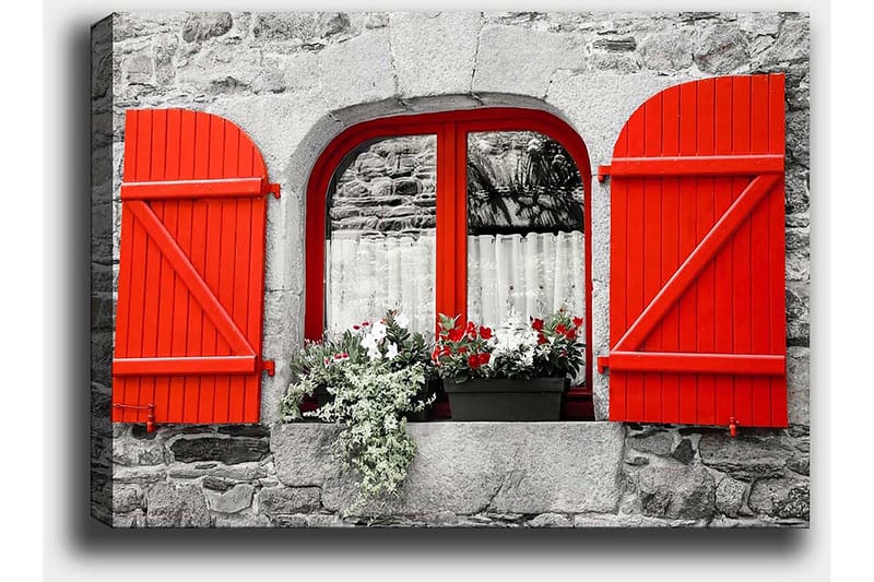 Lerretsbilde 70x100 cm - Vindu med røde skodder og blomster i en grå steinvegg - Rød / Grå - Interiør - Maleri & posters - Lerretsbilder