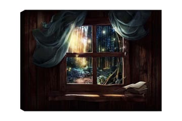 Lerretsbilde 70x100 cm - Vindusutsikt over en mystisk skog med lysstråler som siver gjennom trærne - Mørk grønn / Brun / Lys blå - Interiør - Maleri & posters - Lerretsbilder