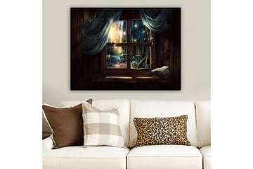 Lerretsbilde 70x100 cm - Vindusutsikt over en mystisk skog med lysstråler som siver gjennom trærne - Mørk grønn / Brun / Lys blå - Interiør - Maleri & posters - Lerretsbilder