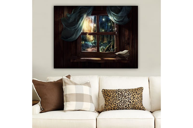 Lerretsbilde 70x100 cm - Vindusutsikt over en mystisk skog med lysstråler som siver gjennom trærne - Mørk grønn / Brun / Lys blå - Interiør - Maleri & posters - Lerretsbilder