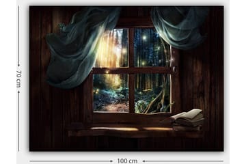 Lerretsbilde 70x100 cm - Vindusutsikt over en mystisk skog med lysstråler som siver gjennom trærne - Mørk grønn / Brun / Lys blå - Interiør - Maleri & posters - Lerretsbilder