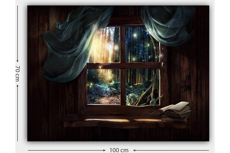 Lerretsbilde 70x100 cm - Vindusutsikt over en mystisk skog med lysstråler som siver gjennom trærne - Mørk grønn / Brun / Lys blå - Interiør - Maleri & posters - Lerretsbilder