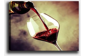 Lerretsbilde 70x100 cm - Vinflaske helles i et glass rødvin som skaper en elegant og innbydende atmosfære - Rød / Grønn / Gul - Interiør - Maleri & posters - Lerretsbilder