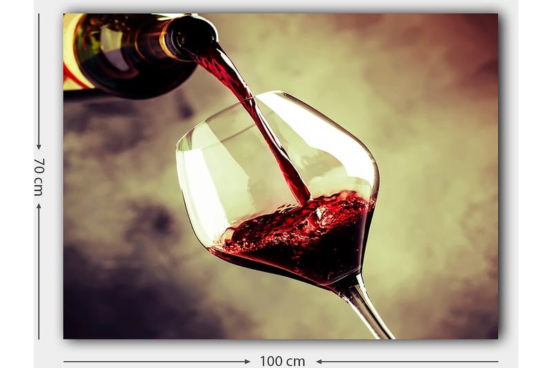 Lerretsbilde 70x100 cm - Vinflaske helles i et glass rødvin som skaper en elegant og innbydende atmosfære - Rød / Grønn / Gul - Interiør - Maleri & posters - Lerretsbilder