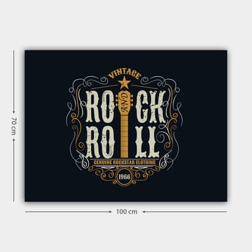Lerretsbilde 70x100 cm - Vintage rock and roll-design med gitar og dekorative elementer - Mørk blå / Beige / Hvit - Interiør - Maleri & posters - Lerretsbilder