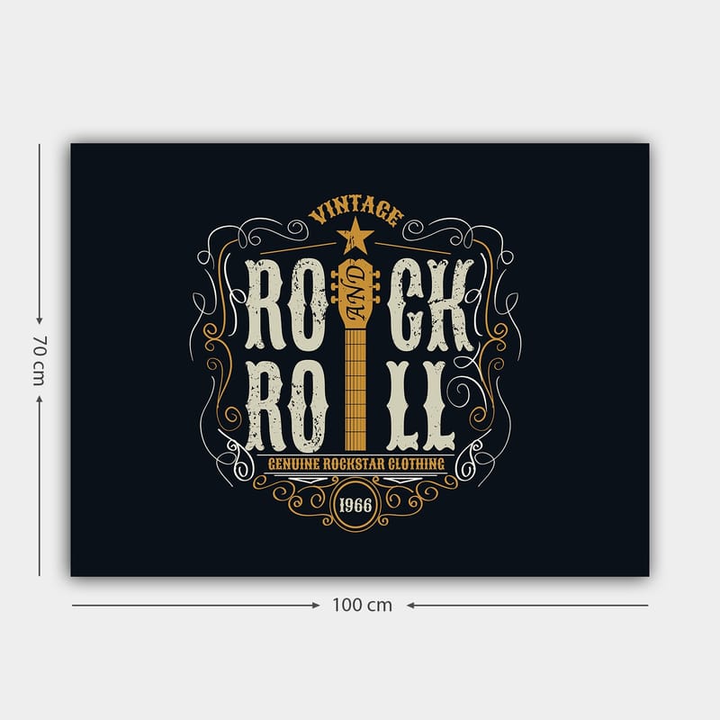 Lerretsbilde 70x100 cm - Vintage rock and roll-design med gitar og dekorative elementer - Mørk blå / Beige / Hvit - Interiør - Maleri & posters - Lerretsbilder