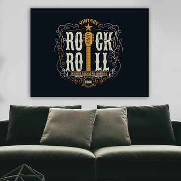 Lerretsbilde 70x100 cm - Vintage rock and roll-design med gitar og dekorative elementer - Mørk blå / Beige / Hvit - Interiør - Maleri & posters - Lerretsbilder