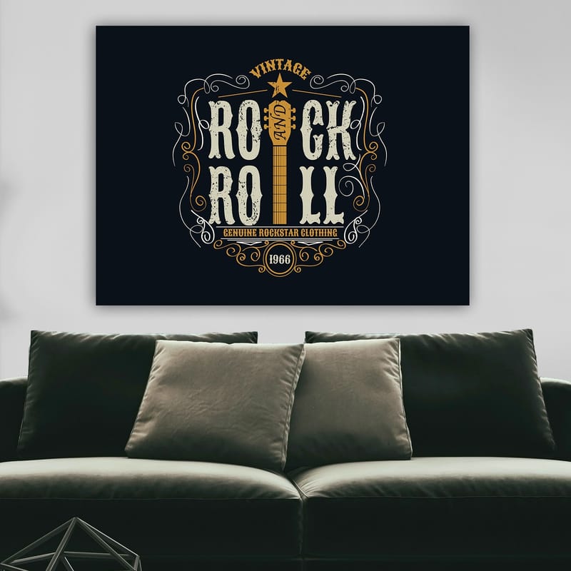 Lerretsbilde 70x100 cm - Vintage rock and roll-design med gitar og dekorative elementer - Mørk blå / Beige / Hvit - Interiør - Maleri & posters - Lerretsbilder