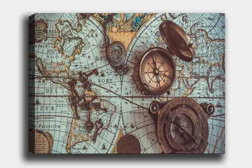 Lerretsbilde 70x100 cm - Vintage verdenskart med kompass og nøkler som hovedmotiv - Blå / Brun / Gull - Interiør - Maleri & posters - Lerretsbilder