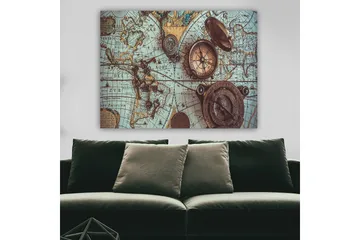 Lerretsbilde 70x100 cm - Vintage verdenskart med kompass og nøkler som hovedmotiv - Blå / Brun / Gull - Interiør - Maleri & posters - Lerretsbilder