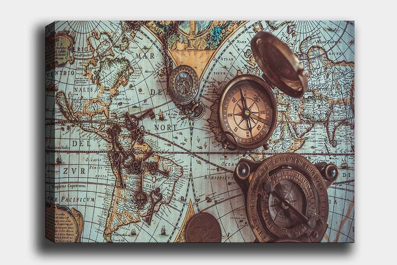 Lerretsbilde 70x100 cm - Vintage verdenskart med kompass og nøkler som hovedmotiv, Blå / Brun / Gull