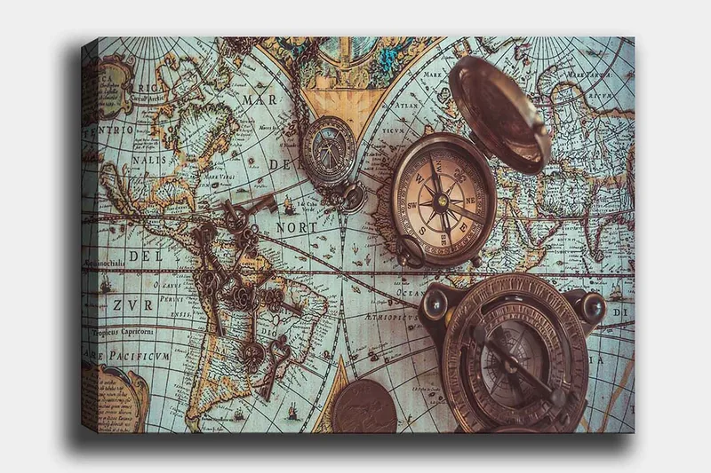 Lerretsbilde 70x100 cm - Vintage verdenskart med kompass og nøkler som hovedmotiv, Blå / Brun / Gull