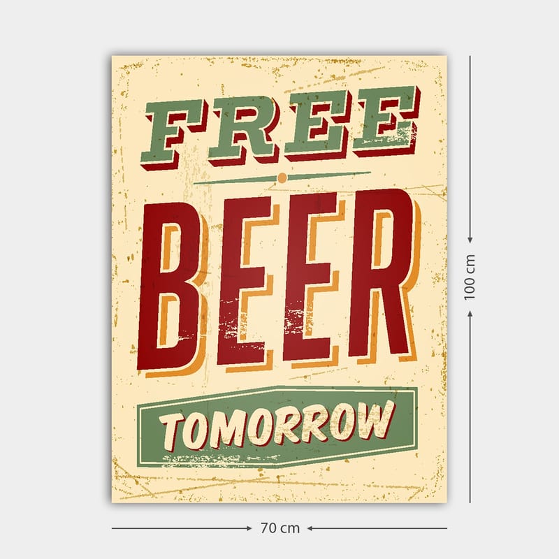 Lerretsbilde 70x100 cm - Vintage plakat med teksten FREE BEER TOMORROW i en leken og rustikk stil - Rød / Grønn / Beige - Interiør - Maleri & posters - Lerretsbilder
