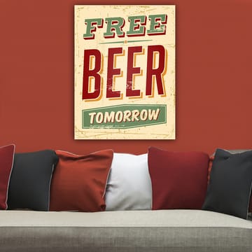 Lerretsbilde 70x100 cm - Vintage plakat med teksten FREE BEER TOMORROW i en leken og rustikk stil - Rød / Grønn / Beige - Interiør - Maleri & posters - Lerretsbilder