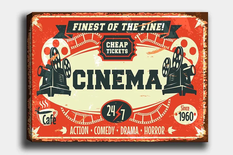 Lerretsbilde 70x100 cm - Vintage plakat som reklamerer for en kino med fokus på film og underholdning, Rød / Svart / Beige