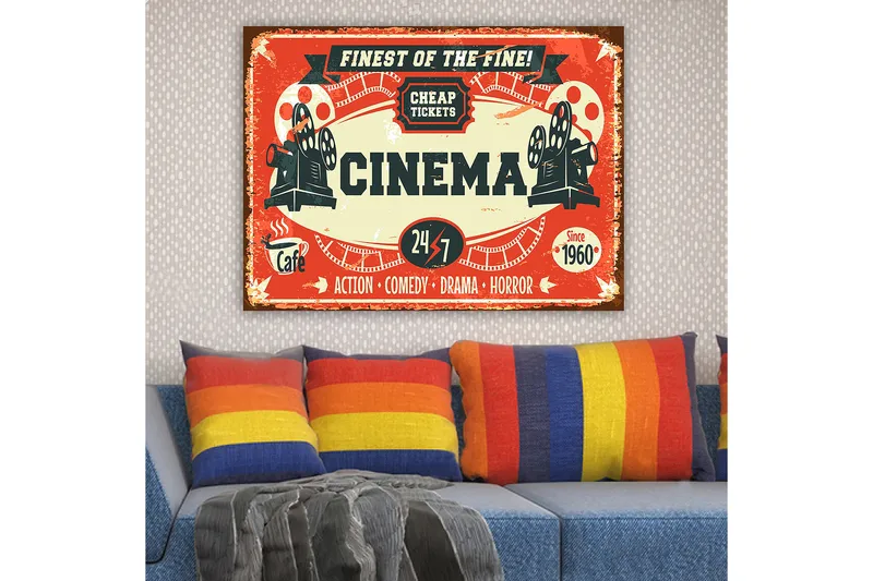 Lerretsbilde 70x100 cm - Vintage plakat som reklamerer for en kino med fokus på film og underholdning - Rød / Svart / Beige - Interiør - Maleri & posters - Lerretsbilder
