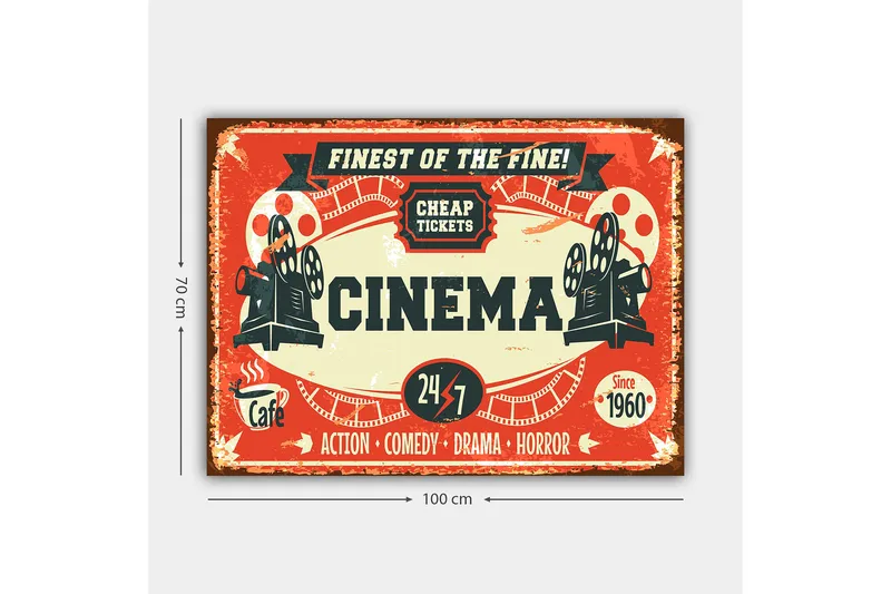 Lerretsbilde 70x100 cm - Vintage plakat som reklamerer for en kino med fokus på film og underholdning - Rød / Svart / Beige - Interiør - Maleri & posters - Lerretsbilder