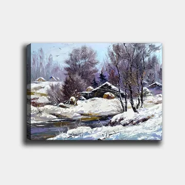 Lerretsbilde 70x100 cm - Vinterlandskap med snødekte trær og en gammel hytte ved en stille bekk - Hvit / Lys blå / Mørk lilla - Interiør - Maleri & posters - Lerretsbilder