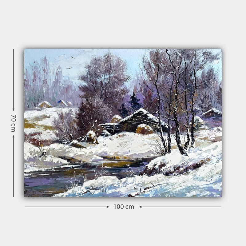 Lerretsbilde 70x100 cm - Vinterlandskap med snødekte trær og en gammel hytte ved en stille bekk - Hvit / Lys blå / Mørk lilla - Interiør - Maleri & posters - Lerretsbilder