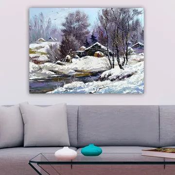 Lerretsbilde 70x100 cm - Vinterlandskap med snødekte trær og en gammel hytte ved en stille bekk - Hvit / Lys blå / Mørk lilla - Interiør - Maleri & posters - Lerretsbilder