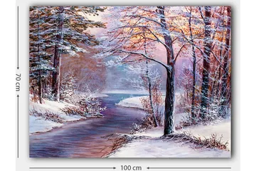 Lerretsbilde 70x100 cm - Vinterlandskap med snødekte trær og en speilblank elv - Hvit / Lys blå / Lys rosa - Interiør - Maleri & posters - Lerretsbilder