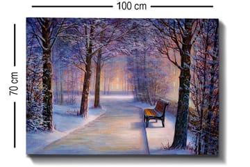 Lerretsbilde 70x100 cm - Vintertur med snødekte trær og en ensom benk langs en sti - Blå / Hvit / Grå - Interiør - Maleri & posters - Lerretsbilder