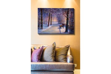Lerretsbilde 70x100 cm - Vintertur med snødekte trær og en ensom benk langs en sti - Blå / Hvit / Grå - Interiør - Maleri & posters - Lerretsbilder