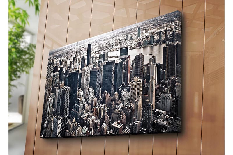 Lerretsbilde 70x100 cm - Panoramautsikt over en by med høye skyskrapere og et livlig bybilde - Svart / Grå / Hvit - Interiør - Maleri & posters - Lerretsbilder