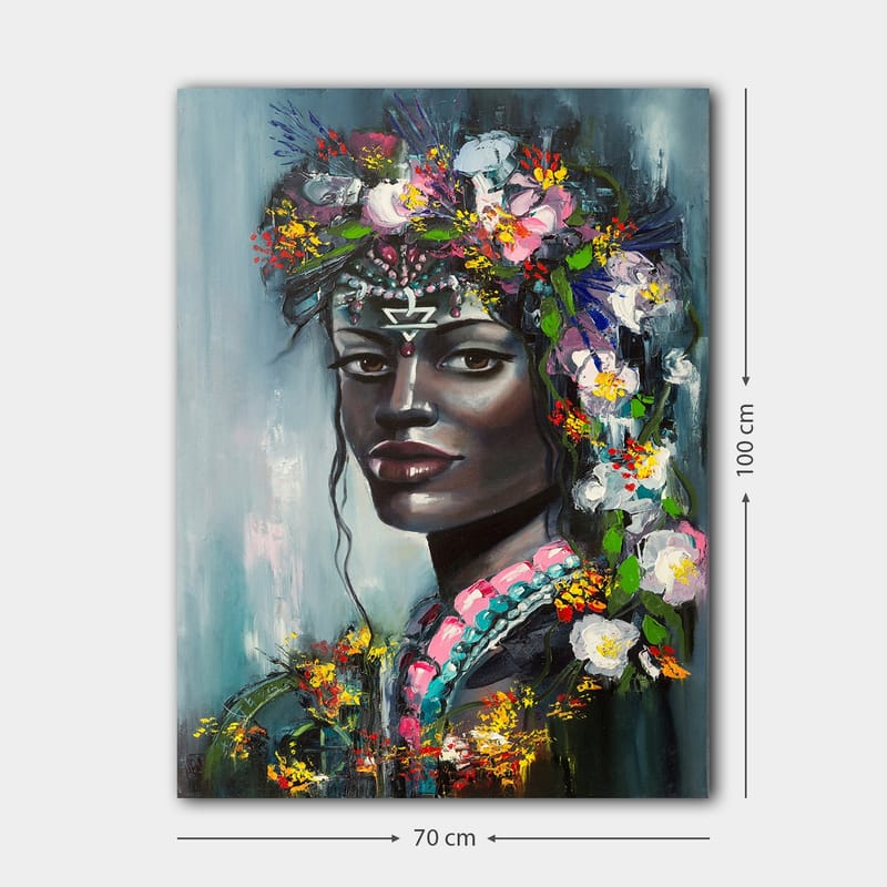 Lerretsbilde 70x100 cm - Portrett av en kvinne med blomster i håret og et mystisk uttrykk - Svart / Rosa / Grønn - Interiør - Maleri & posters - Lerretsbilder
