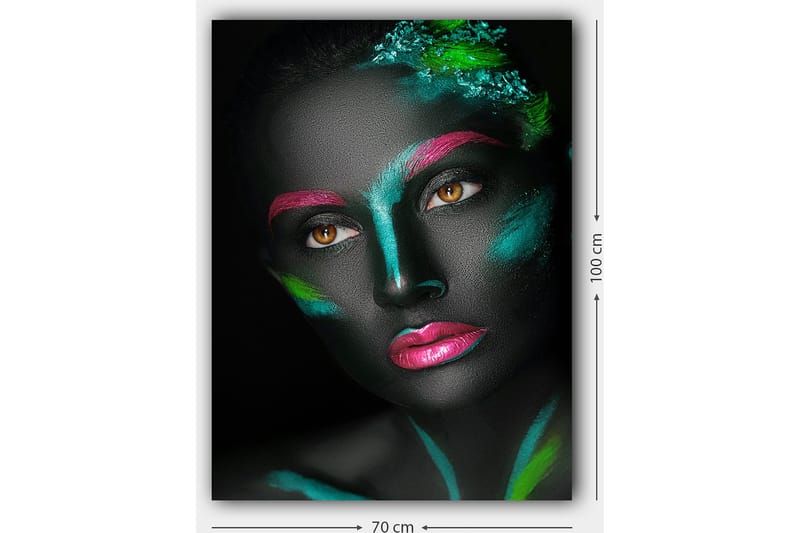 Lerretsbilde 70x100 cm - Portrett av en kvinne med fargerik ansiktsmaling på svart bakgrunn - Svart / Rosa / Grønn - Interiør - Maleri & posters - Lerretsbilder