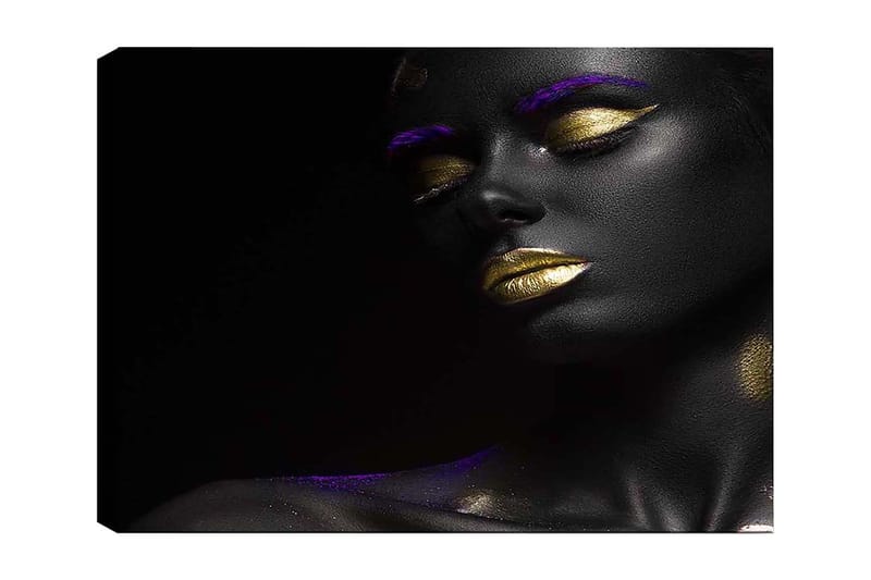 Lerretsbilde 70x100 cm - Portrett av en kvinne med svart hud og gylne lepper, fremhevet med lilla detaljer, Svart / Gull / Lilla