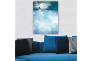 Lerretsbilde 70x100 cm - Person sittende i en båt under en stjerneklar natt med en stor måne over seg - Mørk blå / Lys blå / Hvit - Interiør - Maleri & posters - Lerretsbilder