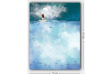 Lerretsbilde 70x100 cm - Person sittende i en båt under en stjerneklar natt med en stor måne over seg - Mørk blå / Lys blå / Hvit - Interiør - Maleri & posters - Lerretsbilder