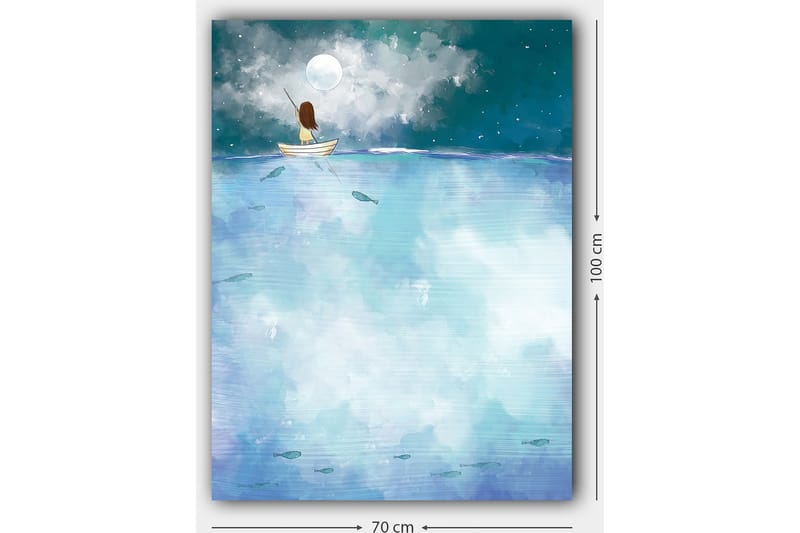 Lerretsbilde 70x100 cm - Person sittende i en båt under en stjerneklar natt med en stor måne over seg - Mørk blå / Lys blå / Hvit - Interiør - Maleri & posters - Lerretsbilder
