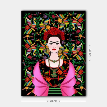 Lerretsbilde 70x100 cm - Portrett av en kvinne med tradisjonelle meksikanske elementer og fargerik bakgrunn - Rød / Grønn / Svart - Interiør - Maleri & posters - Lerretsbilder