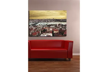 Lerretsbilde 70x100 cm - Panoramautsikt over Istanbul med tegltak og en glitrende vannoverflate - Rød / Turkis / Gull - Interiør - Maleri & posters - Lerretsbilder