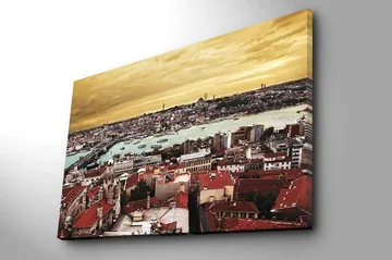 Lerretsbilde 70x100 cm - Panoramautsikt over Istanbul med tegltak og en glitrende vannoverflate - Rød / Turkis / Gull - Interiør - Maleri & posters - Lerretsbilder