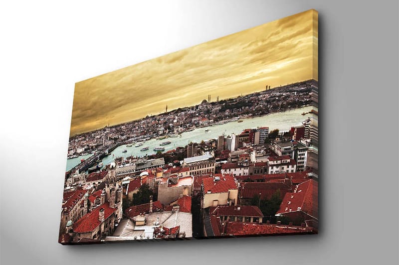 Lerretsbilde 70x100 cm - Panoramautsikt over Istanbul med tegltak og en glitrende vannoverflate - Rød / Turkis / Gull - Interiør - Maleri & posters - Lerretsbilder