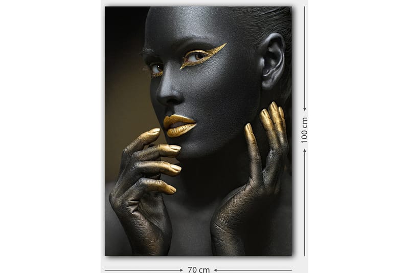 Lerretsbilde 70x100 cm - Portrett av en kvinne med svart ansiktsmaling og gylne detaljer - Svart / Gull - Interiør - Maleri & posters - Lerretsbilder